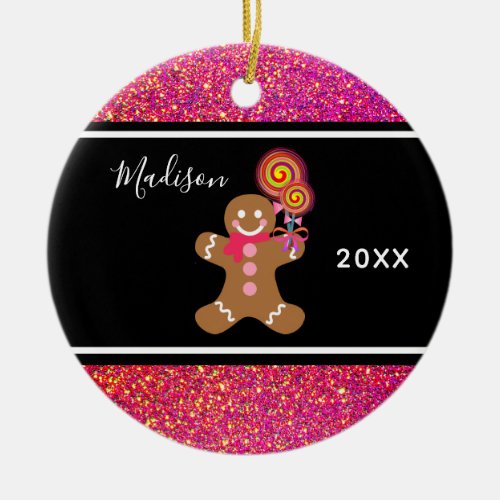 Cute Gingerbread Girl Pink Glitter Personalized Ceramic Ornament