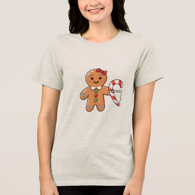 Cute Gingerbread Girl with Broken Candy Cane Heart Tri-Blend Shirt (Front)