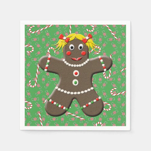 Cute Gingerbread Girl Woman Christmas Candy Canes Paper Napkins