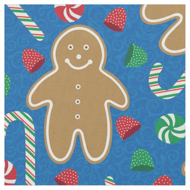 Cute Gingerbread Gumdrops Candy Cane on Blue Fabric (Close Up)