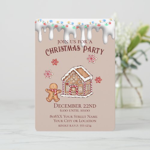 Cute Gingerbread House Beige Christmas Party Invitation