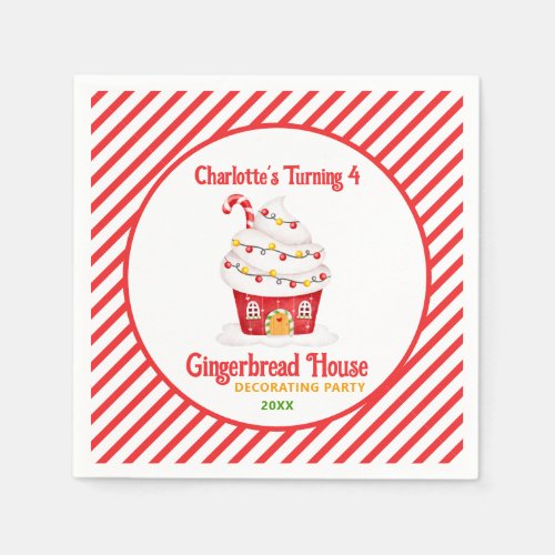 Cute Gingerbread House Candy Cane Birthday Party Napkins