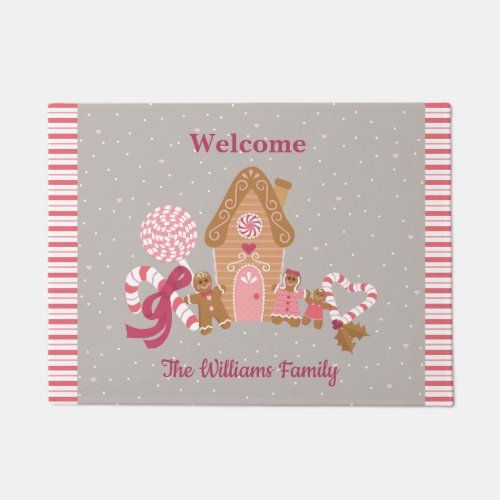 Cute Gingerbread House Candy Cane Grey Pink Doormat
