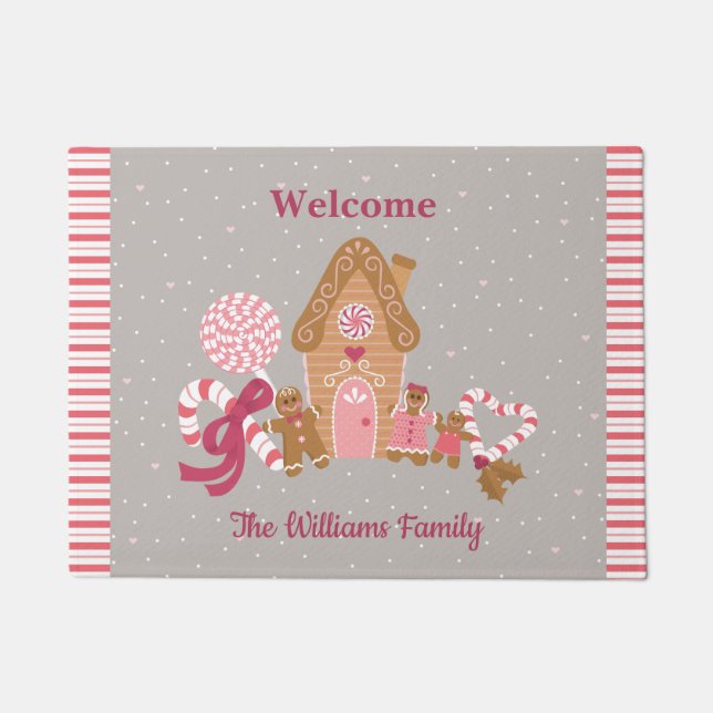 Cute Gingerbread House Candy Cane Grey Pink Doormat (Front)