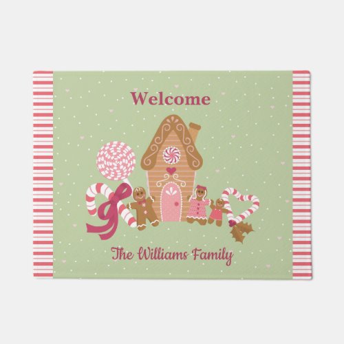 Cute Gingerbread House Candy Cane Mint Green Doormat