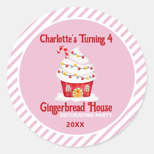 Cute Gingerbread House Candy Cane Pink Birthday Classic Round Sticker