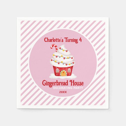 Cute Gingerbread House Candy Cane Pink Birthday Napkins