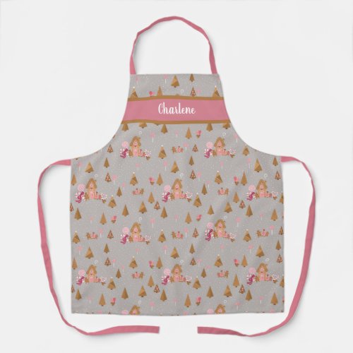 Cute Gingerbread House Candy Canes Grey Pink Apron