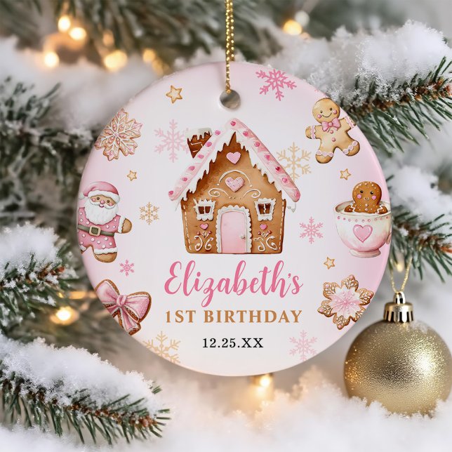 Cute Gingerbread House Girl Birthday Party Ceramic Ornament (Creator Uploaded)