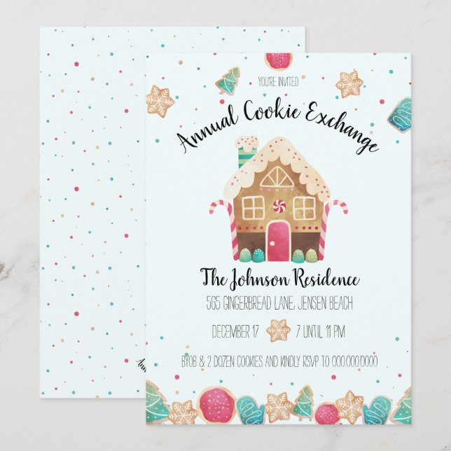 Cute Gingerbread House Holiday Cookie Exchange Invitation (Front/Back)