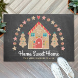 Cute Gingerbread House Home Sweet Home Chalkboard Doormat<br><div class="desc">“Home Sweet Home”. Decorate your entryway in “style” with this unique, fun custom personalized name holiday welcome mat! A cute, whimsical gingerbread house, cookie trees, stars, hearts, candies, and playful script typography, overlay a dark charcoal gray chalkboard background. Add your family name or other copy. Matching cards, stickers, ornaments, mugs,...</div>
