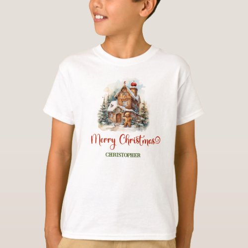 Cute gingerbread house in winter pine forest  T_Shirt