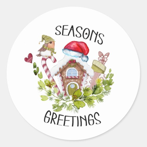 Cute Gingerbread House Seasons Greetings Christmas Classic Round Sticker