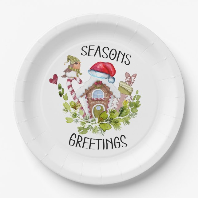 Cute Gingerbread House Seasons Greetings Christmas Paper Plates (Front)