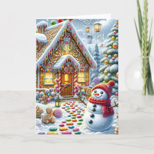Cute Gingerbread House with Snowman Christmas Holiday Card