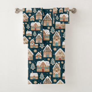 Cute Gingerbread Houses & Cookies Blue Christmas Bath Towel Set