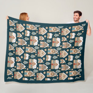 Cute Gingerbread Houses & Cookies Blue Christmas Fleece Blanket