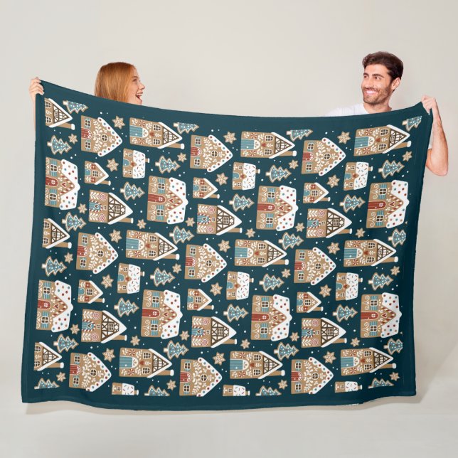 Cute Gingerbread Houses & Cookies Blue Christmas  Fleece Blanket (In Situ)