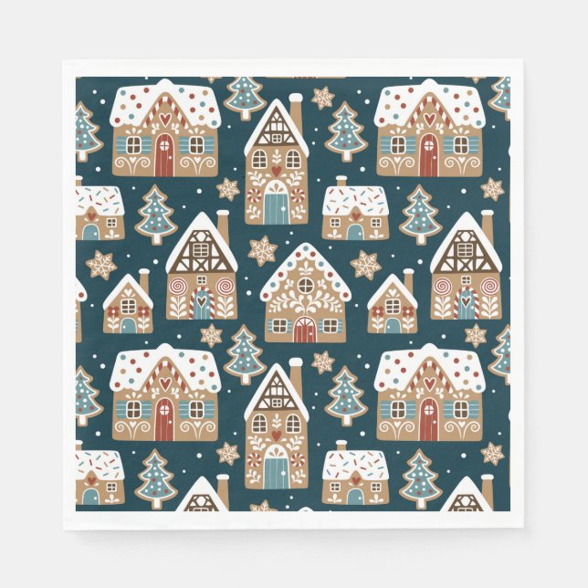 Cute Gingerbread Houses & Cookies Blue Christmas  Napkins (Front)