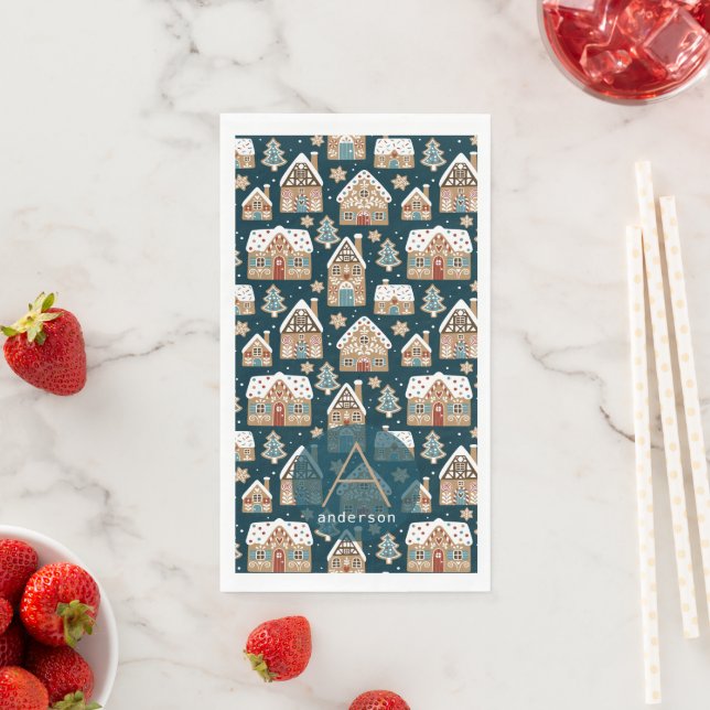 Cute Gingerbread Houses & Cookies Blue Christmas  Paper Guest Towels (Insitu)