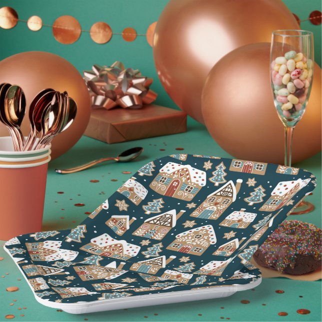 Cute Gingerbread Houses & Cookies Blue Christmas  Paper Plates (Multi)