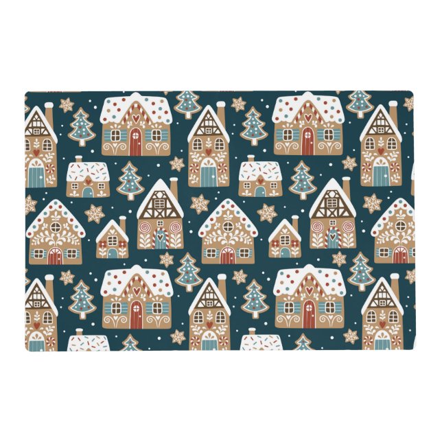 Cute Gingerbread Houses & Cookies Blue Christmas  Placemat (Front)