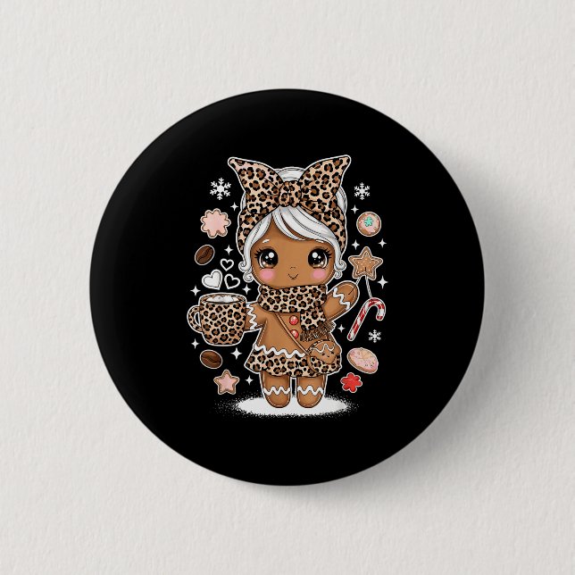 Cute Gingerbread Leopard Christmas Xmas Girl Women Button (Front)