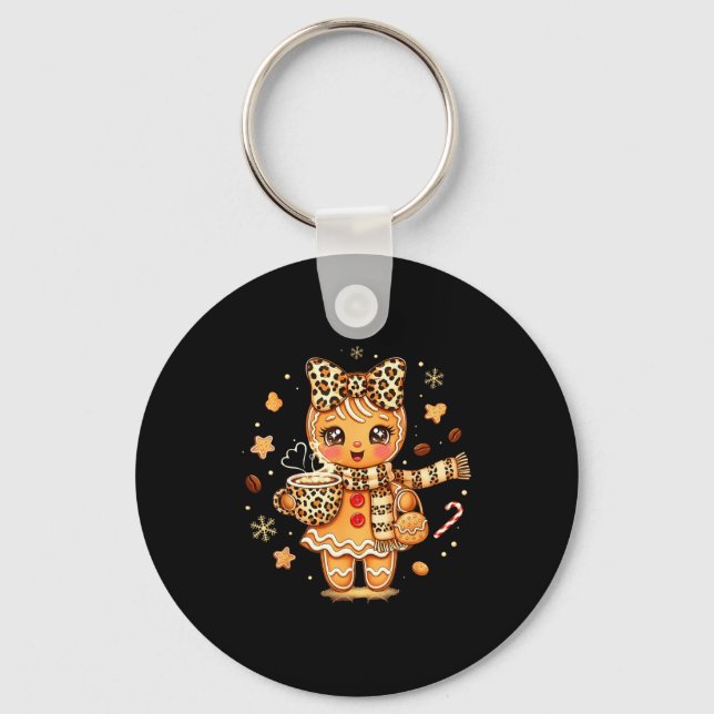 Cute Gingerbread Leopard Christmas Xmas Girl Women Keychain (Front)