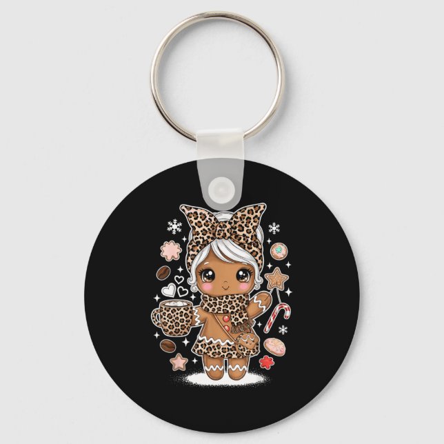 Cute Gingerbread Leopard Christmas Xmas Girl Women Keychain (Front)