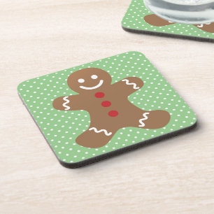 Cute Gingerbread Man and Green Polka Dot Beverage Coaster