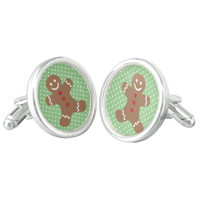 Cute Gingerbread Man and Green Polka Dots Cufflinks (Angled)