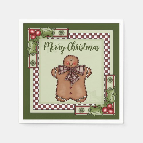 Cute Gingerbread Man and Holly Merry Christmas Napkins