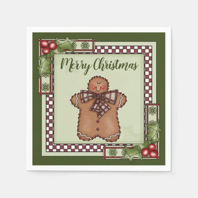 Cute Gingerbread Man and Holly Merry Christmas Napkins (Front)