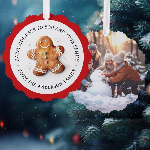 Cute gingerbread man and photo happy holidays ornament card