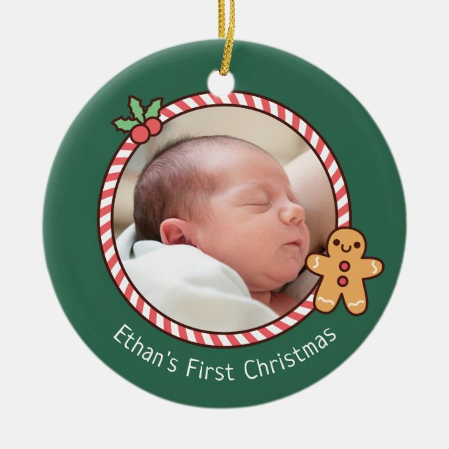 Cute Gingerbread Man Baby's First Christmas Photo  Ceramic Ornament (Front)