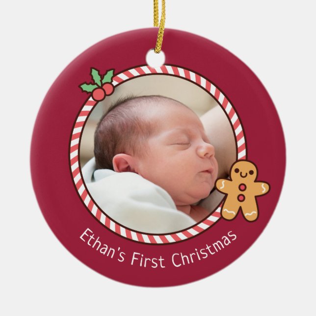 Cute Gingerbread Man Baby's First Christmas Photo Ceramic Ornament (Front)