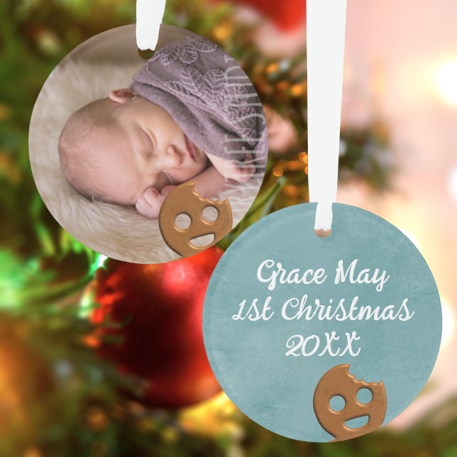Cute Gingerbread Man Baby's First Christmas Photo Ornament (Just add your little cookie's photo and add their name on the reverse)