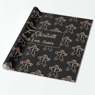 Cute Gingerbread Man Black and Gold Christmas Wrapping Paper