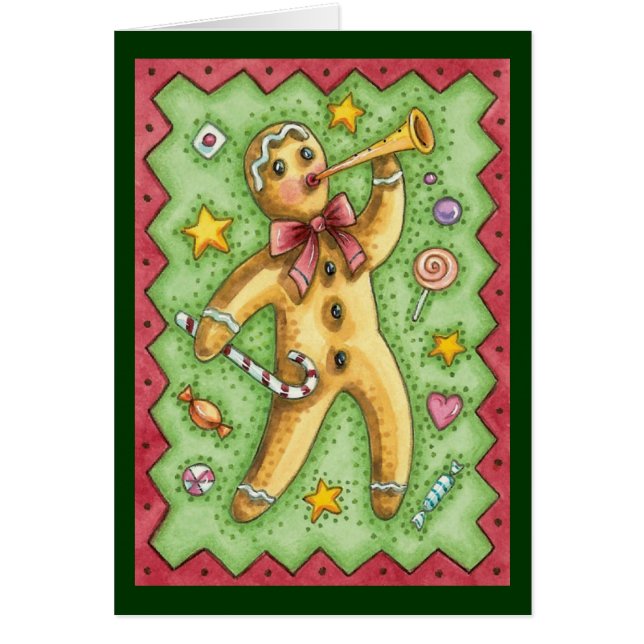 Cute Gingerbread Man Blowing Horn, Christmas Candy Cards (Front)