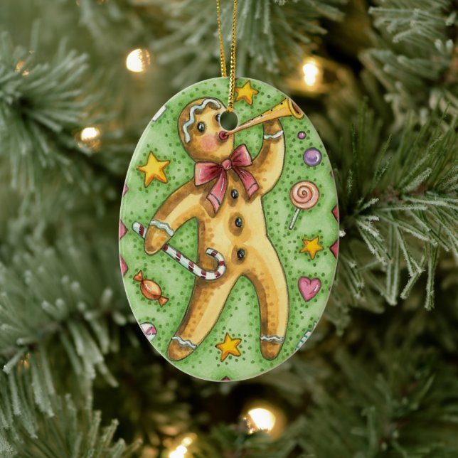 Cute Gingerbread Man Blowing Horn, Christmas Candy Ceramic Ornament (Tree)