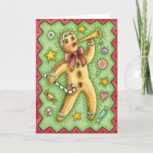 Cute Gingerbread Man Blowing Horn, Christmas Candy Holiday Card