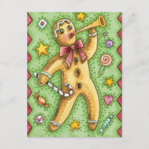 Cute Gingerbread Man Blowing Horn, Christmas Candy Holiday Postcard