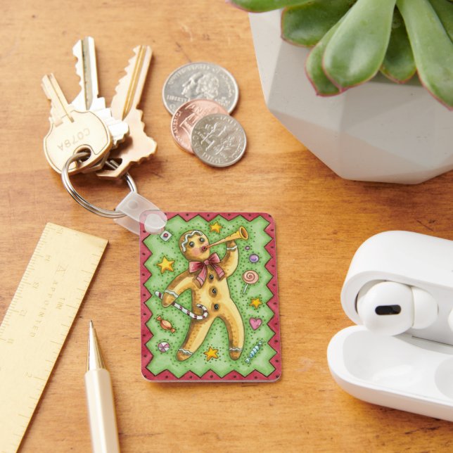 Cute Gingerbread Man Blowing Horn, Christmas Candy Keychain (Desk)