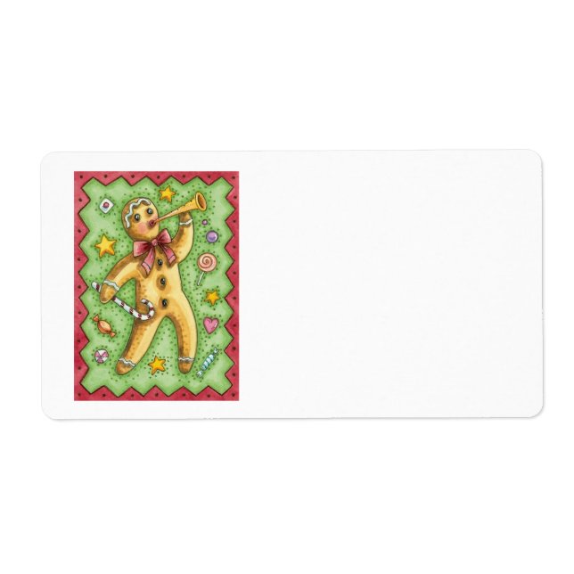 Cute Gingerbread Man Blowing Horn, Christmas Candy Label (Front)