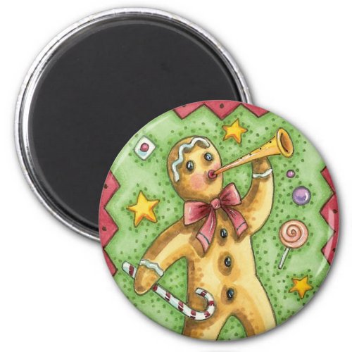 Cute Gingerbread Man Blowing Horn Christmas Candy Magnet