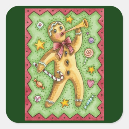 Cute Gingerbread Man Blowing Horn Christmas Candy Square Sticker