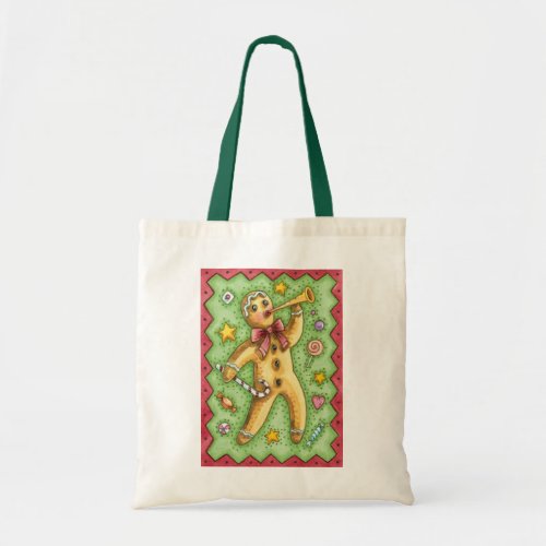 Cute Gingerbread Man Blowing Horn Christmas Candy Tote Bag