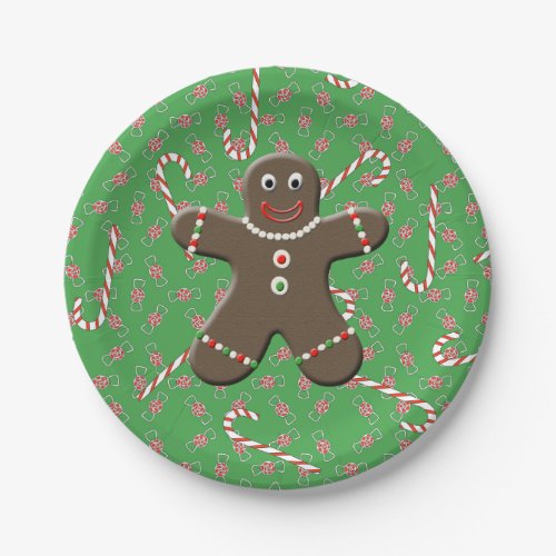 Cute Gingerbread Man Boy Christmas Candy Canes Paper Plates
