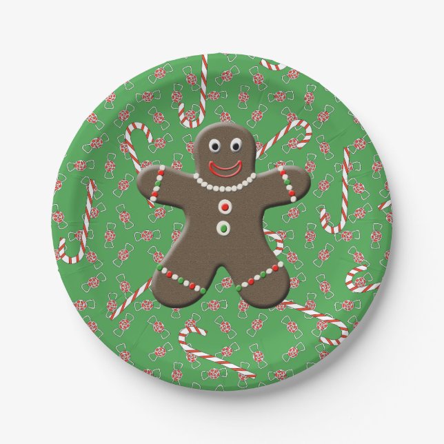 Cute Gingerbread Man Boy Christmas Candy Canes Paper Plates (Front)