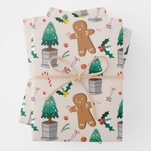 Cute Gingerbread Man Candy Cane Christmas Wrapping Paper Sheets